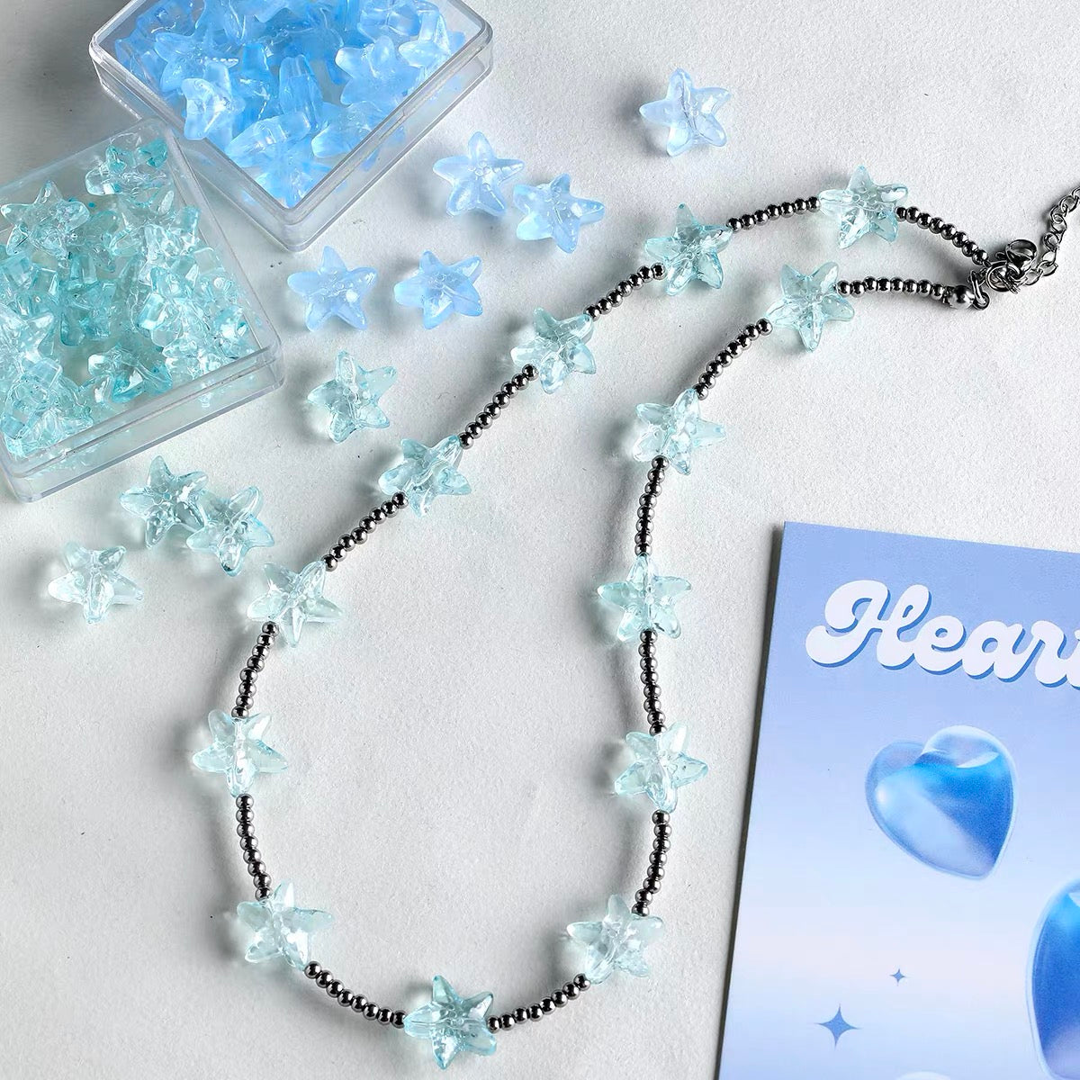 Natural Aquamarine & Colored Glaze Starfish Beaded String