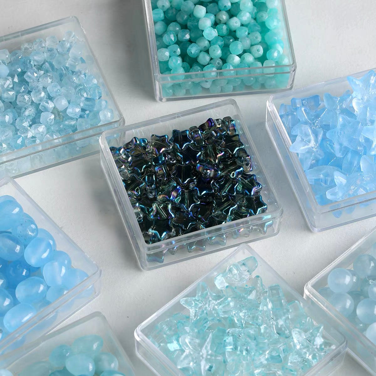 Natural Aquamarine & Colored Glaze Starfish Beaded String