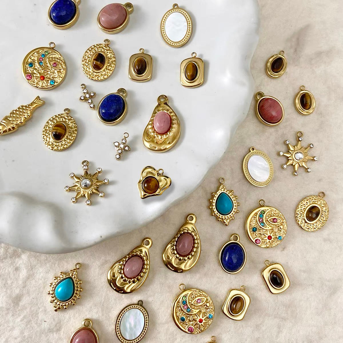 Titanium Steel & Natural Stone Pendant Beaded Strand