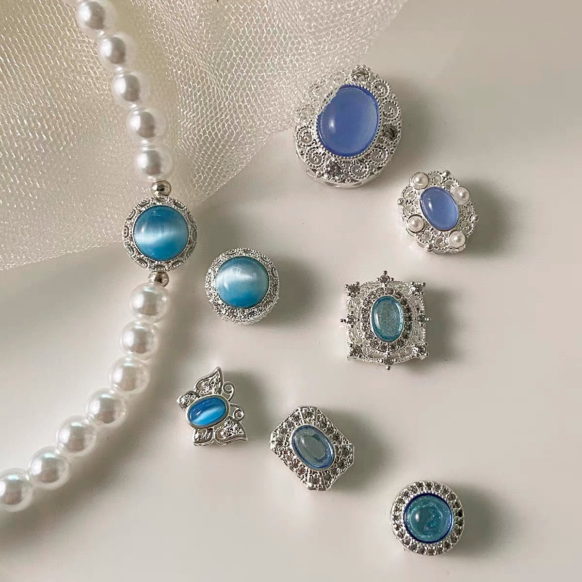 Copper-Plated Silver Cat's Eye Beaded Strand with Diamond Inlay