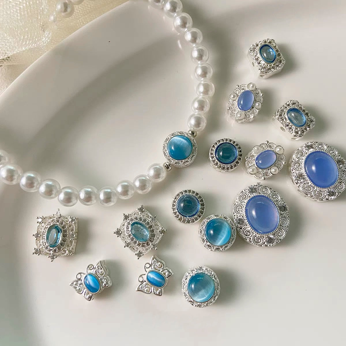 Copper-Plated Silver Cat's Eye Beaded Strand with Diamond Inlay