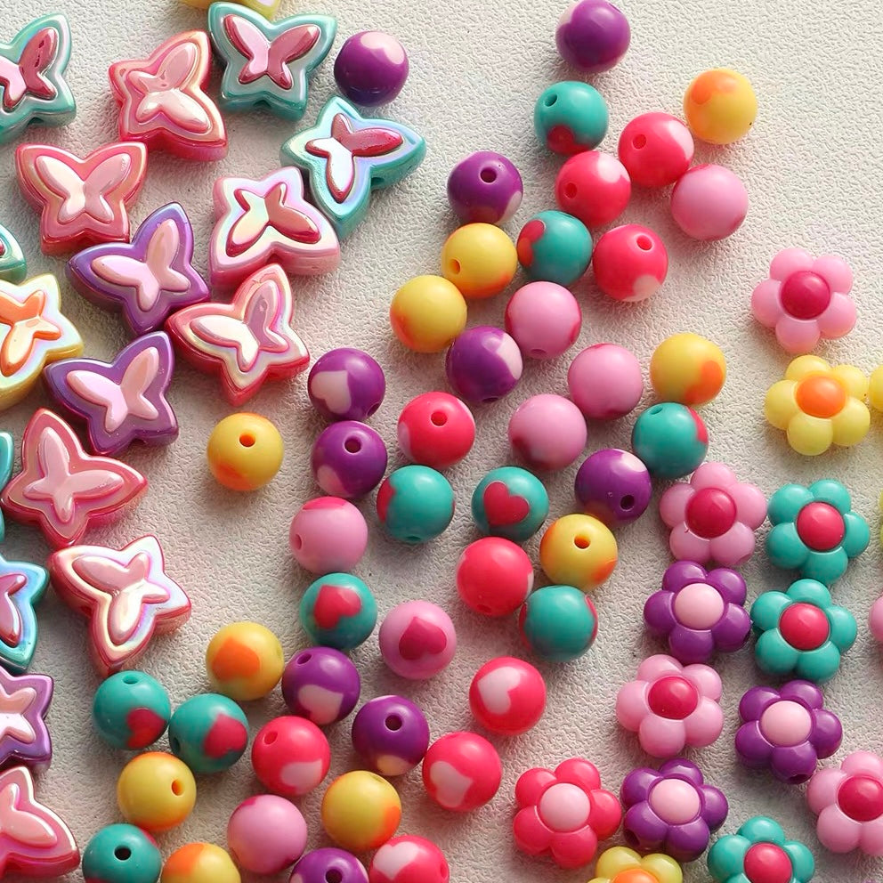 Mixed-Style Bead Strand with Colored Hearts, Butterflies and Flowers