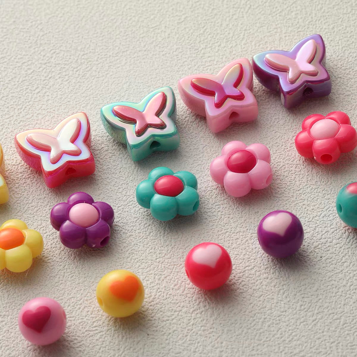 Mixed-Style Bead Strand with Colored Hearts, Butterflies and Flowers