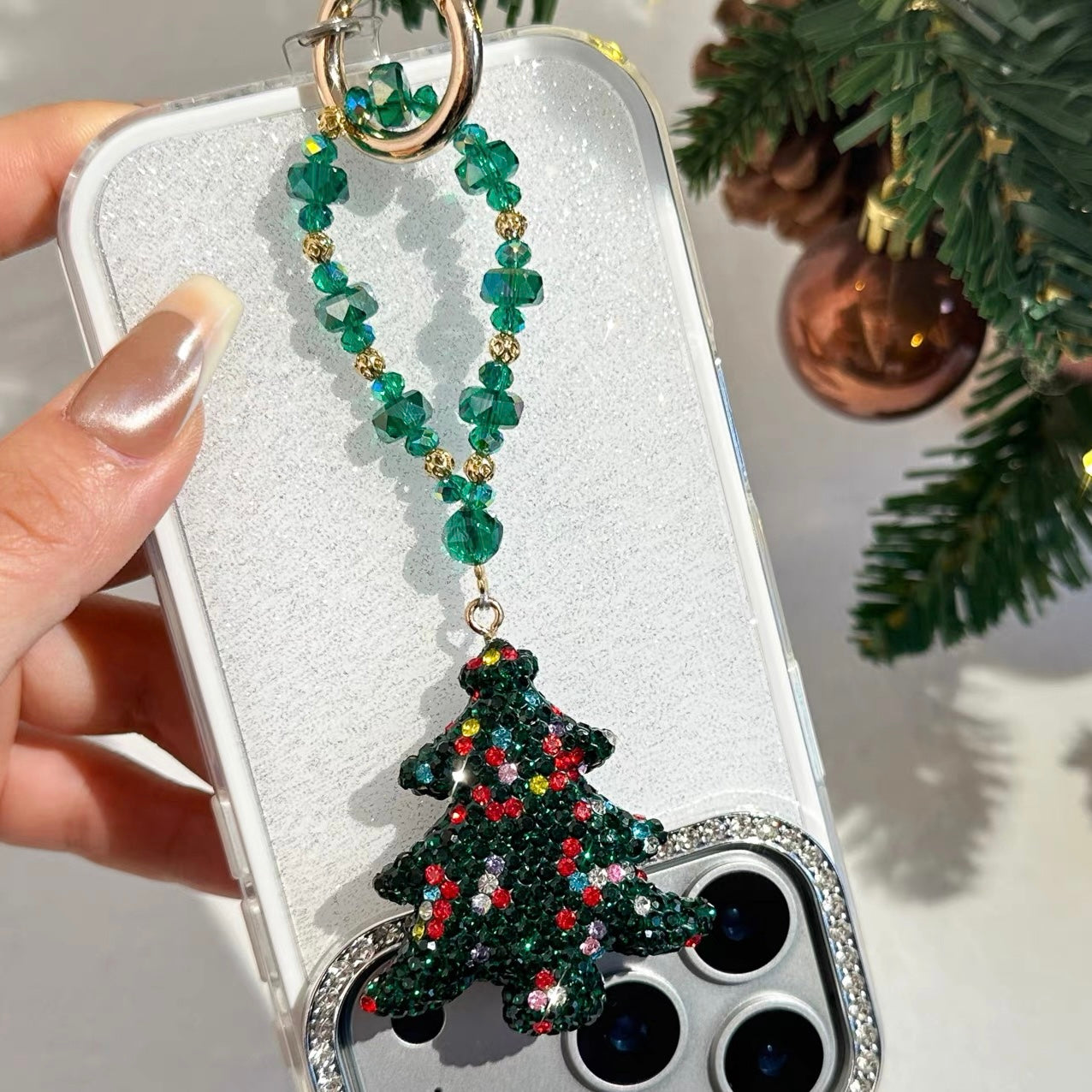 Sparkling Diamond Christmas Tree Keychain & Phone Charm
