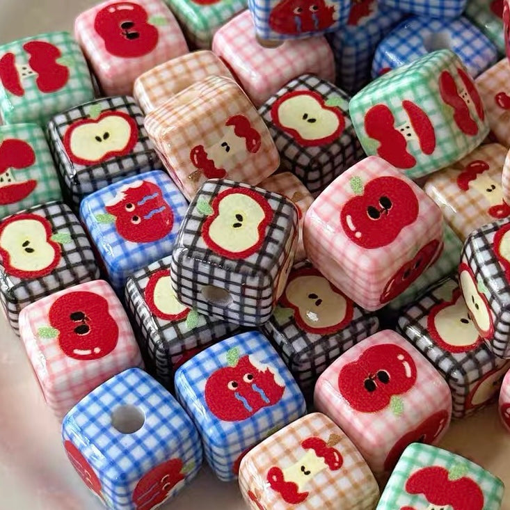 Cute Acrylic Cartoon Printed Apple & Square Beads