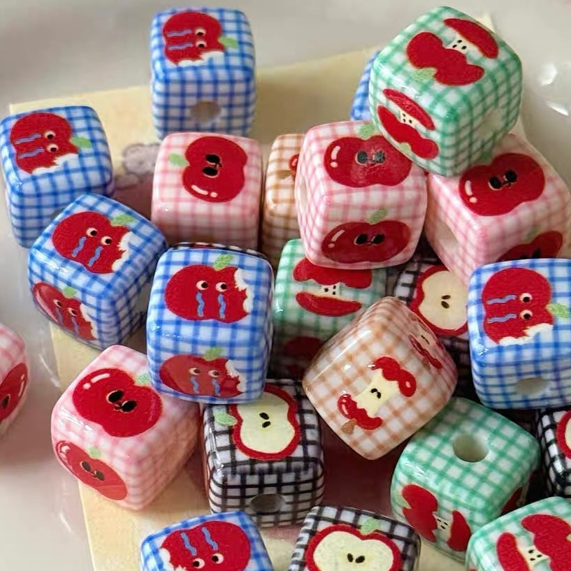 Cute Acrylic Cartoon Printed Apple & Square Beads
