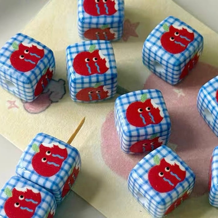 Cute Acrylic Cartoon Printed Apple & Square Beads