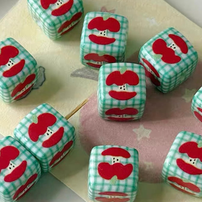 Cute Acrylic Cartoon Printed Apple & Square Beads
