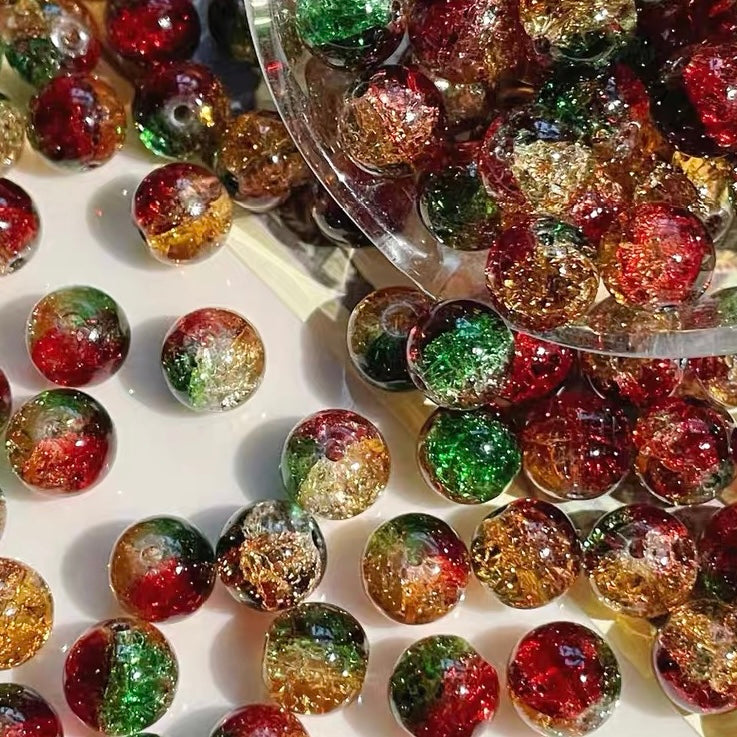 Christmas Crackle Round Glass Beads