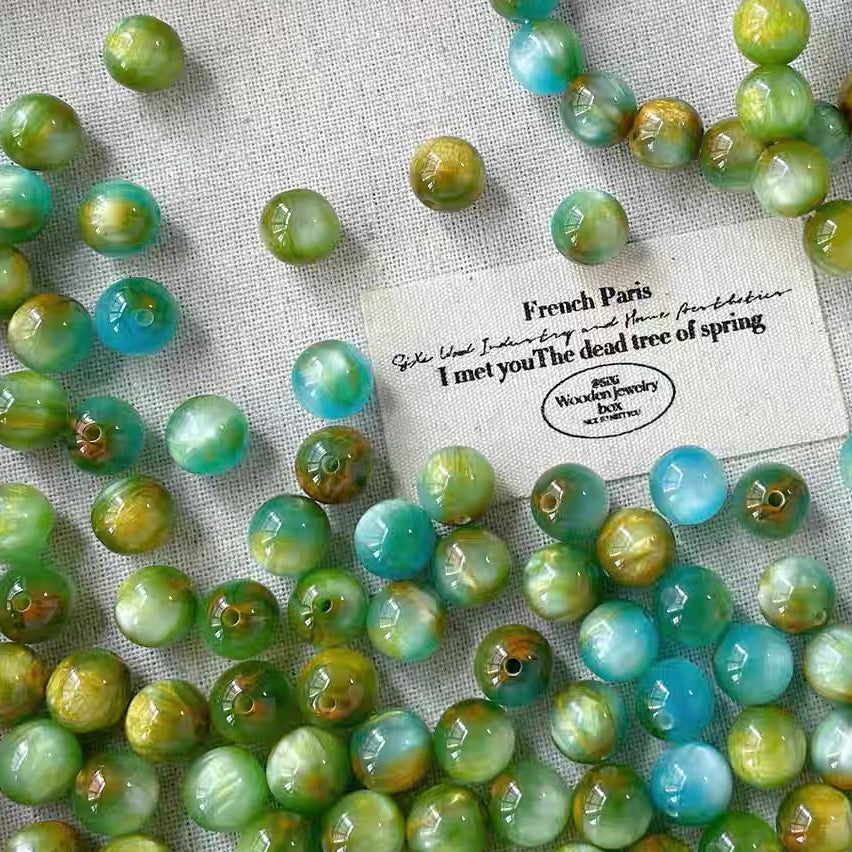 Blue-Green Oil Painting Style Round Beads