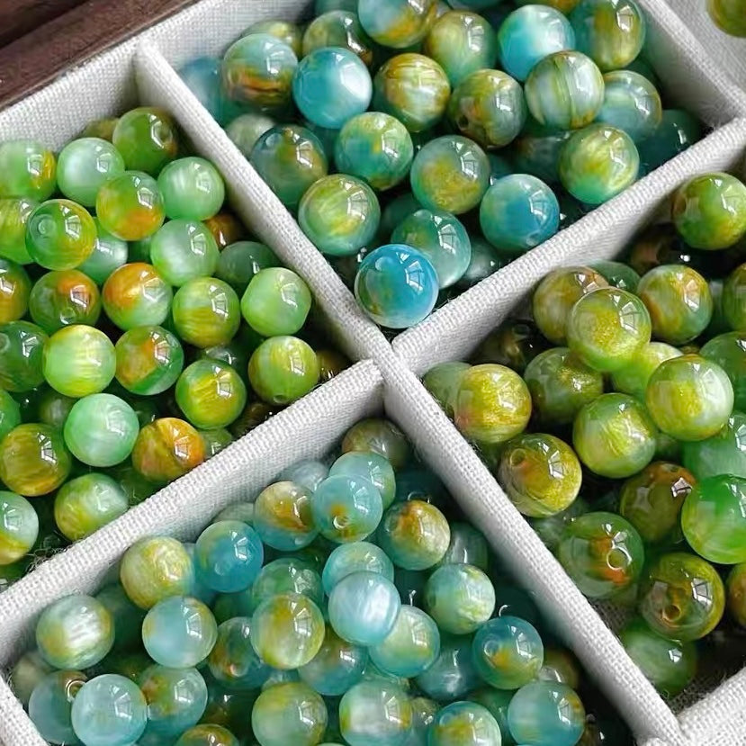 Blue-Green Oil Painting Style Round Beads