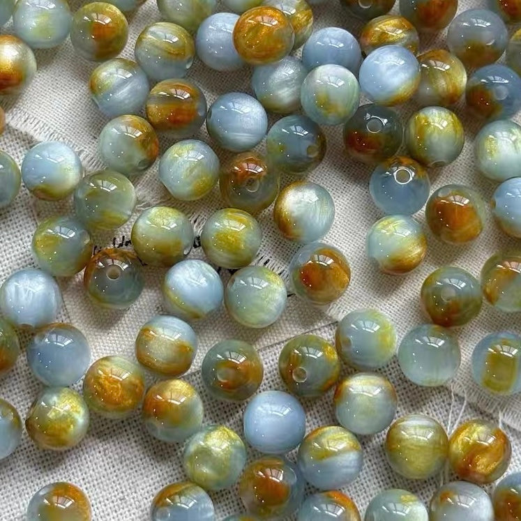 Blue-Green Oil Painting Style Round Beads
