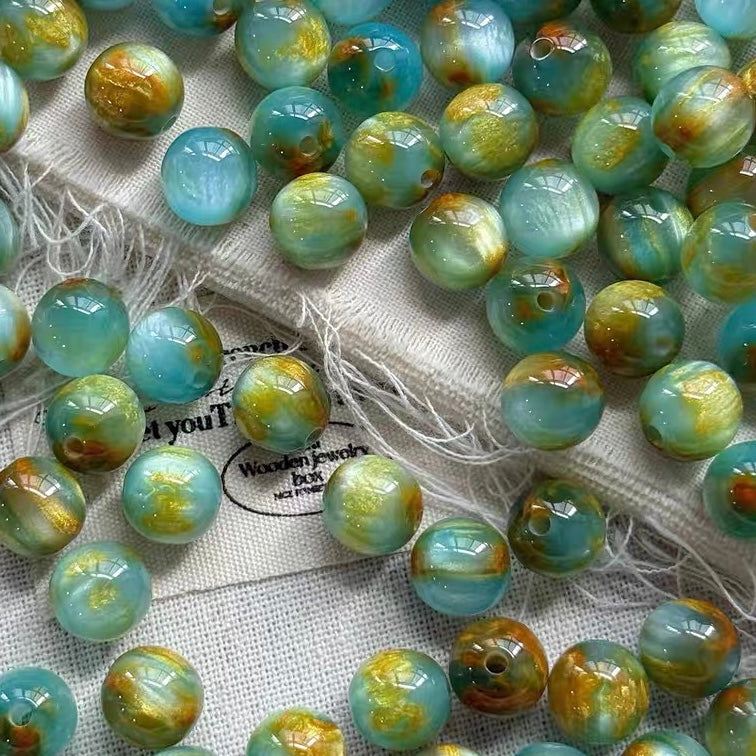 Blue-Green Oil Painting Style Round Beads